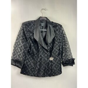 Dressbarn Evening Jacket Women's Sz 8 Black Sequins Rhinestone Clasp Sheer 3/4 S